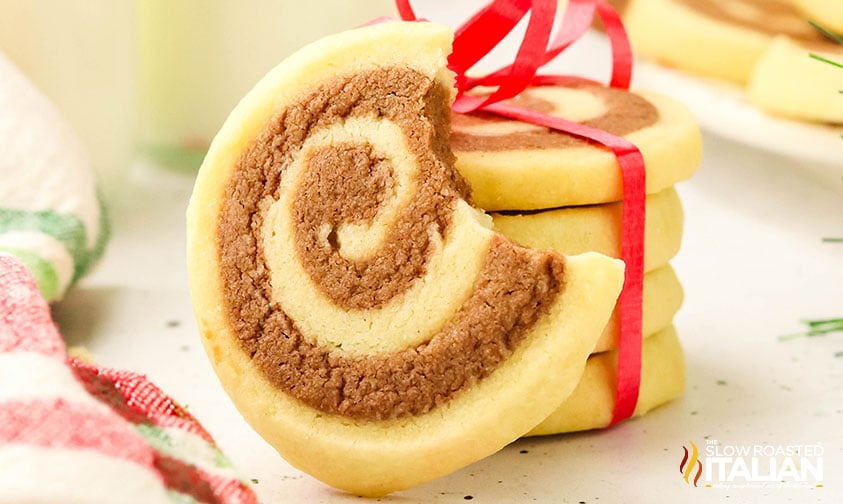 closeup of chocolate pinwheel cookies