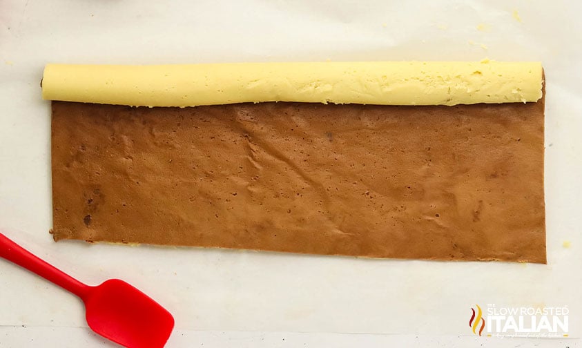 stacked chocolate pinwheels cookie dough rolled into a log