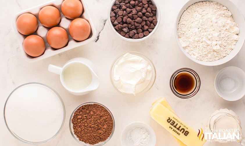 measured ingredients for chocolate pound cake recipe