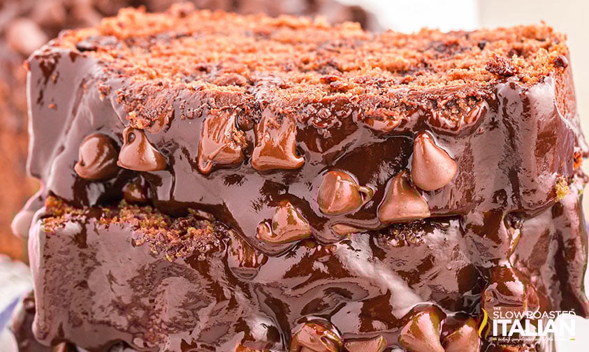 closeup of sliced and stacked chocolate pound cake