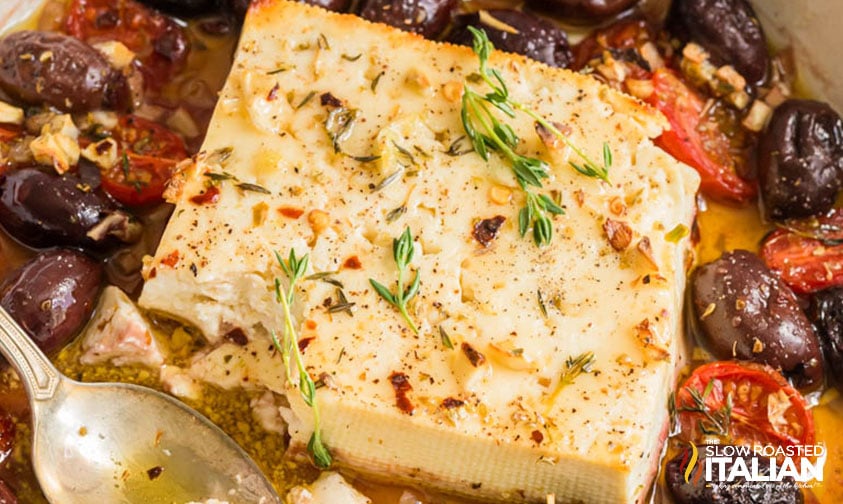 closeup of baked feta