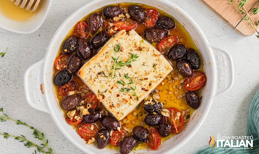 baked feta in a round baking dish