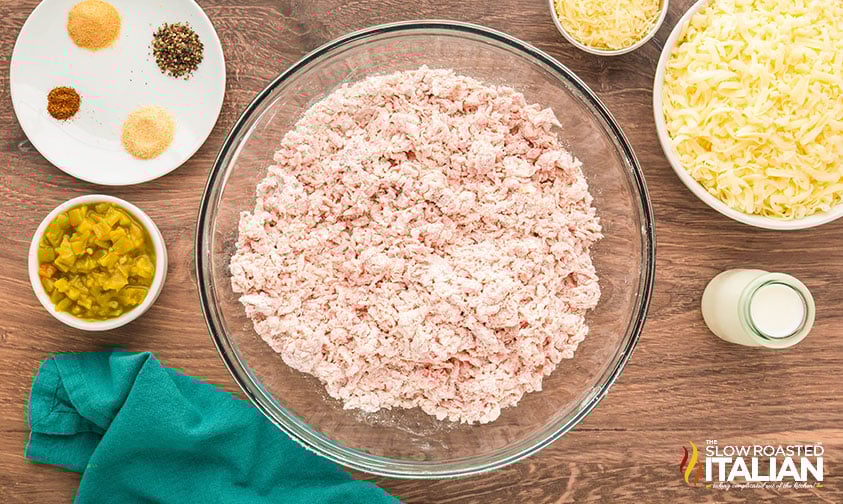 sausage and biscuit mix mixed in a large bowl