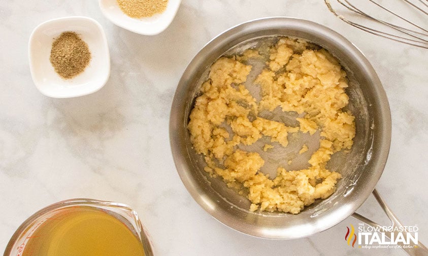 creating a roux with melted butter and flour for homemade condensed cream of chicken soup