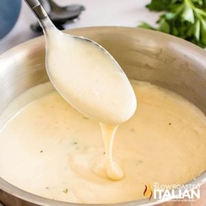 closeup of homemade condensed cream of chicken soup dripping off a spoon