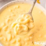 closeup of a spoonful of one pot mac and cheese soup