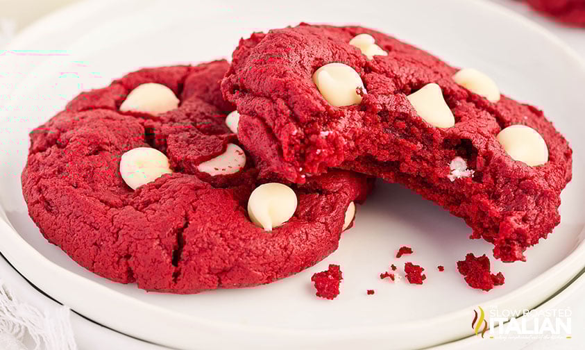 baked red velvet cake mix cookies on a plate