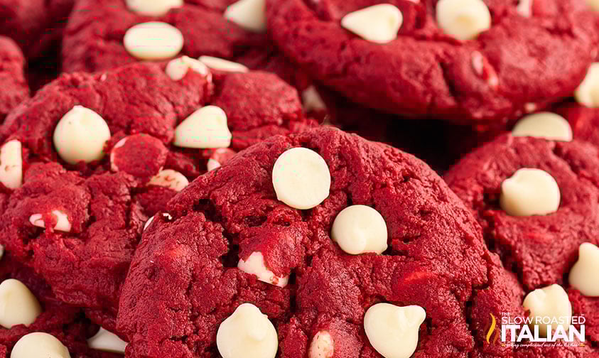 closeup of red velvet cake mix cookies with white chocolate chips