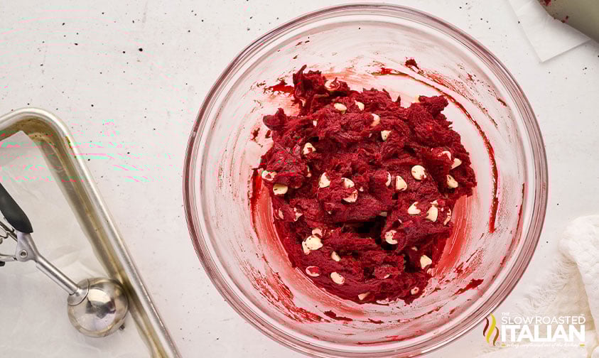 white chocolate chips added to red velvet cake mix cookies recipe