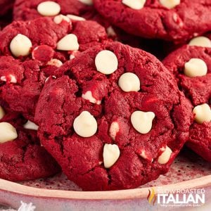 closeup of red velvet cake mix cookies on a plate