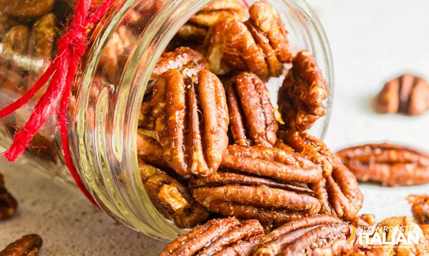 spiced pecans recipe in a glass jar