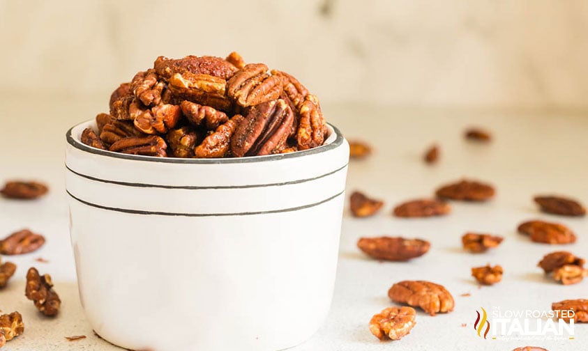 spiced pecans recipe in a white bowl