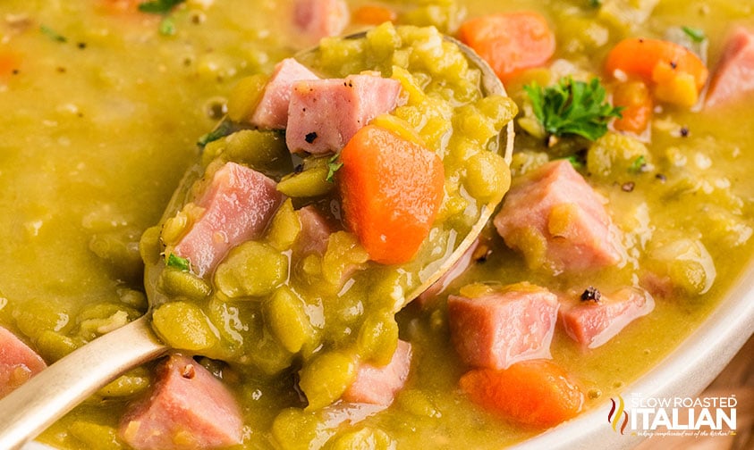 closeup of split pea and ham soup