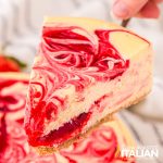 closeup of strawberry swirl cheesecake recipe