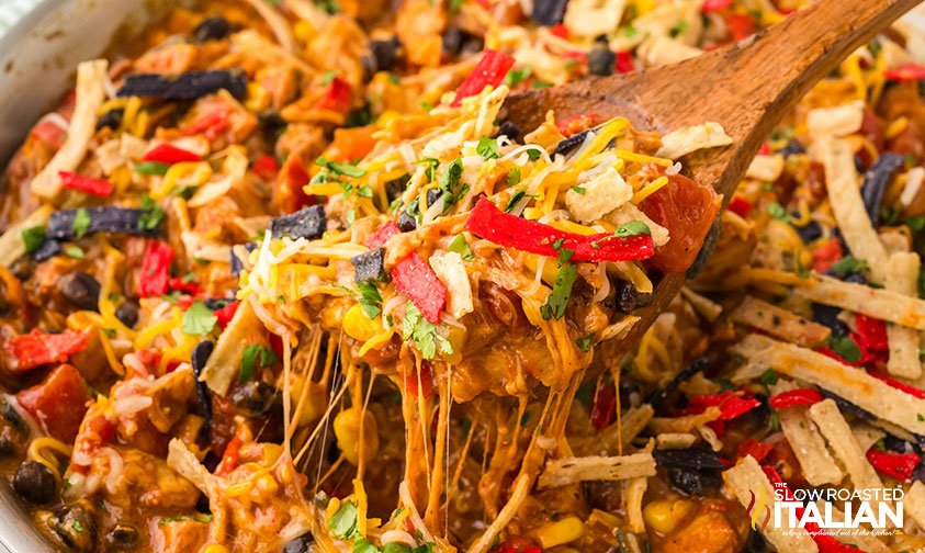 spoonful of cheesy chicken enchilada skillet recipe