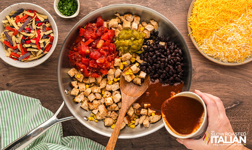 chicken enchilada skillet ingredients in a large skillet
