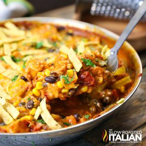 cheesy chicken enchilada skillet in a bowl