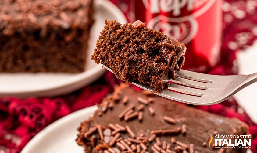 closeup of a bite of chocolate dr pepper cake