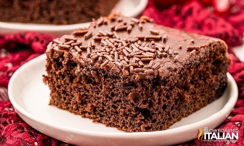 closeup of a slice of chocolate dr pepper cake
