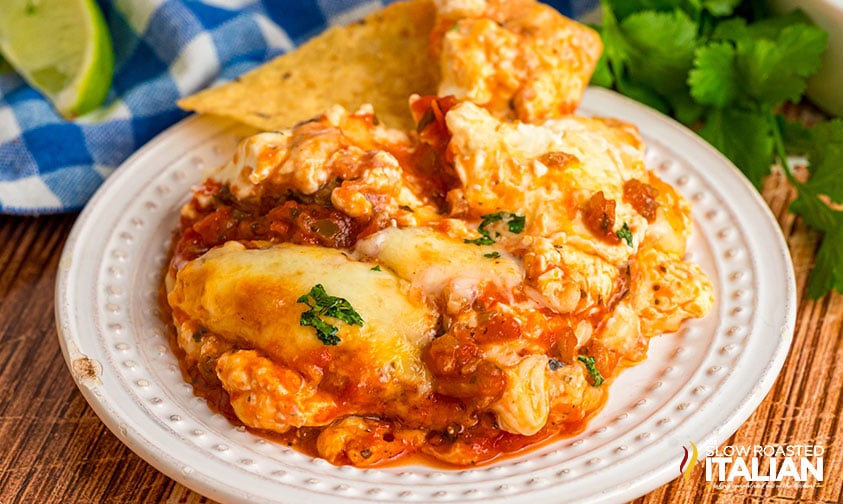 cream cheese salsa dip on a plate with tortilla chips