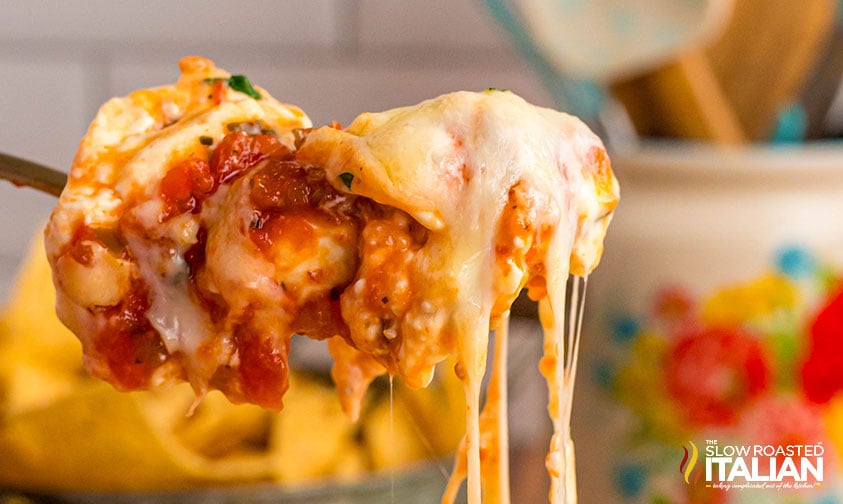 closeup of ooey gooey cream cheese salsa dip