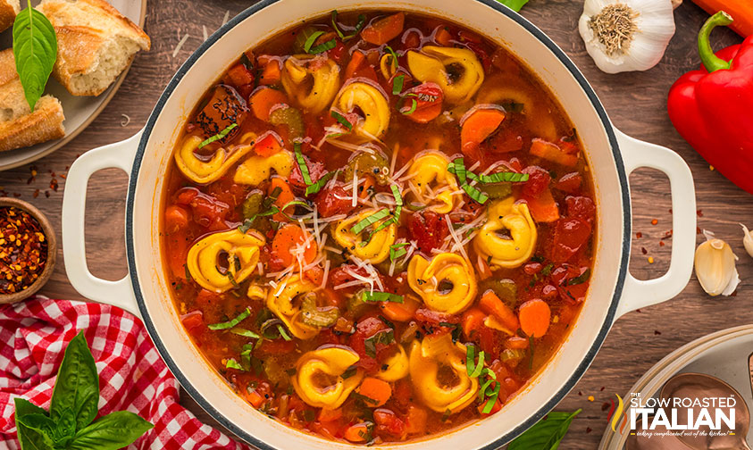 vegetable tortellini soup in a large pot