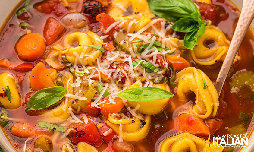 large bowl of vegetable tortellini soup with shredded parmesan sprinkled on top