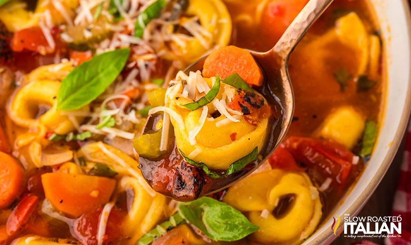 closeup of vegetable tortellini soup on a spoon