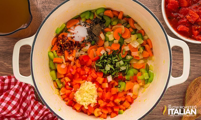 adding seasoning to tortellini vegetable soup in a large pot