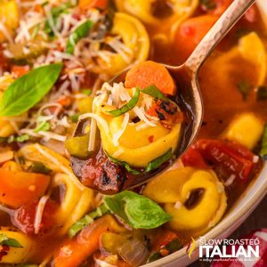 closeup of vegetable tortellini soup recipe