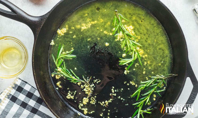 adding glaze ingredients to cast iron skillet