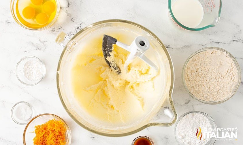 creaming butter and sugar in a large bow for orange pound cake recipe