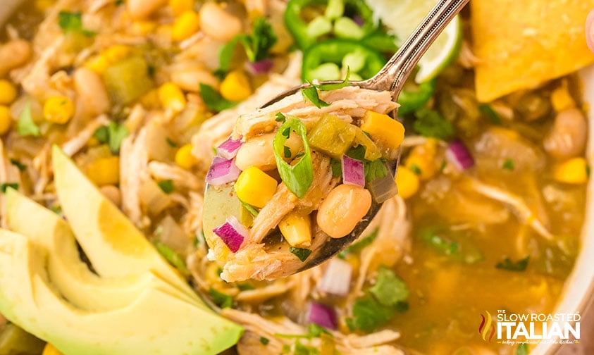 closeup of salsa verde chicken soup on a spoon