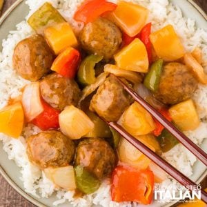 closeup of sweet and sour meatballs