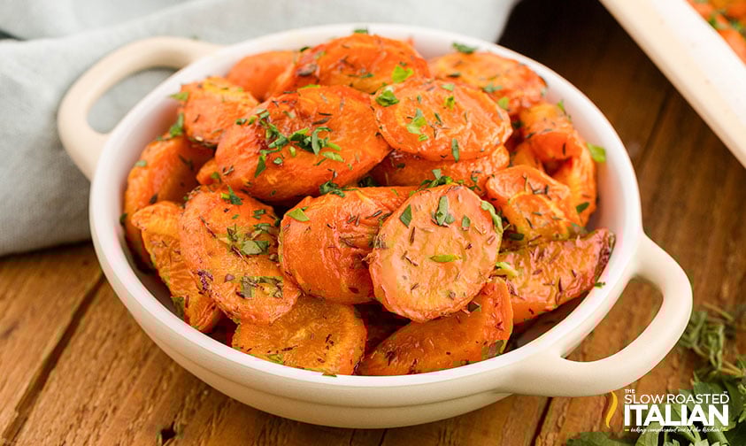 brown sugar roasted carrots in a large white bowl