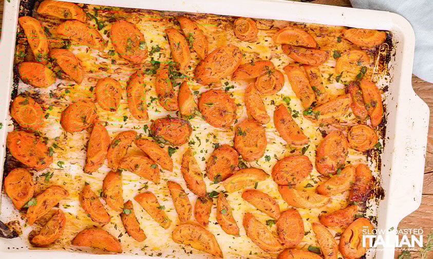 roasted brown sugar carrots on a large baking sheet