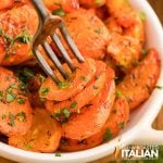 closeup of roasted carrots brown sugar on a fork