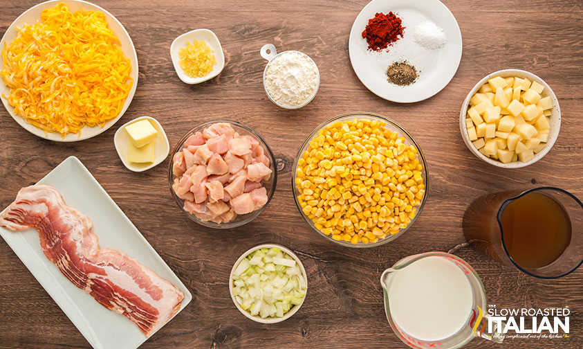 measured ingredients for chicken bacon corn chowder