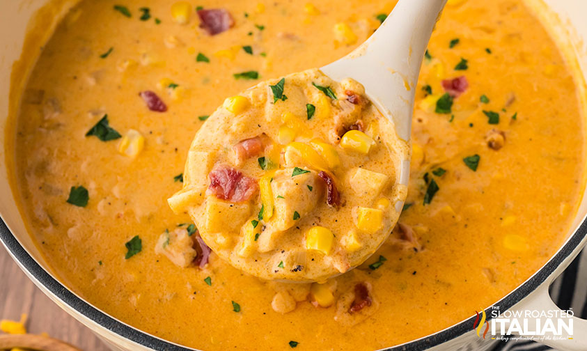 chicken bacon corn chowder in a large pot