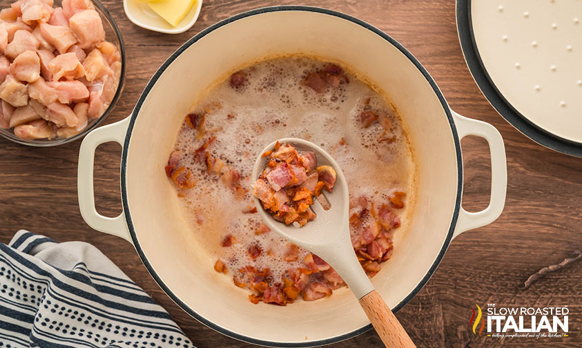 cooking bacon in a large pot for chicken bacon corn chowder