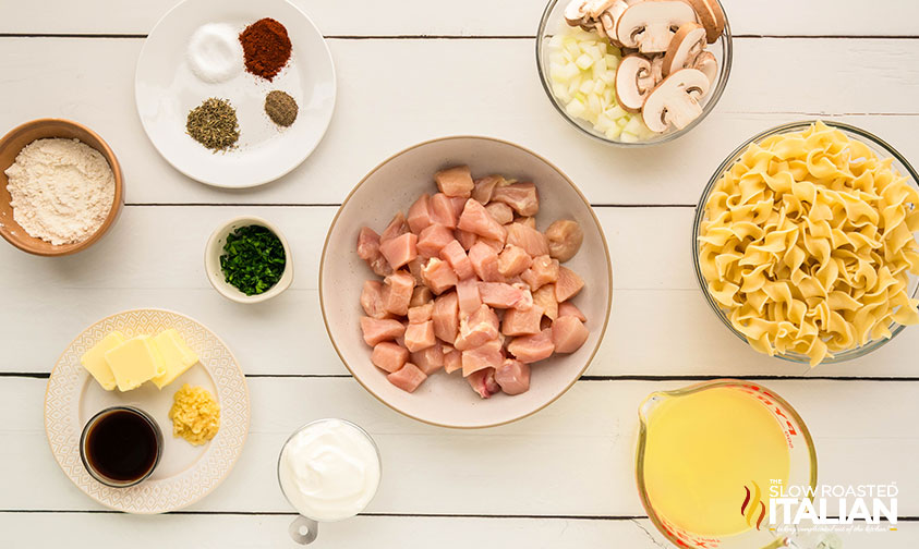 measured ingredients for chicken stroganoff