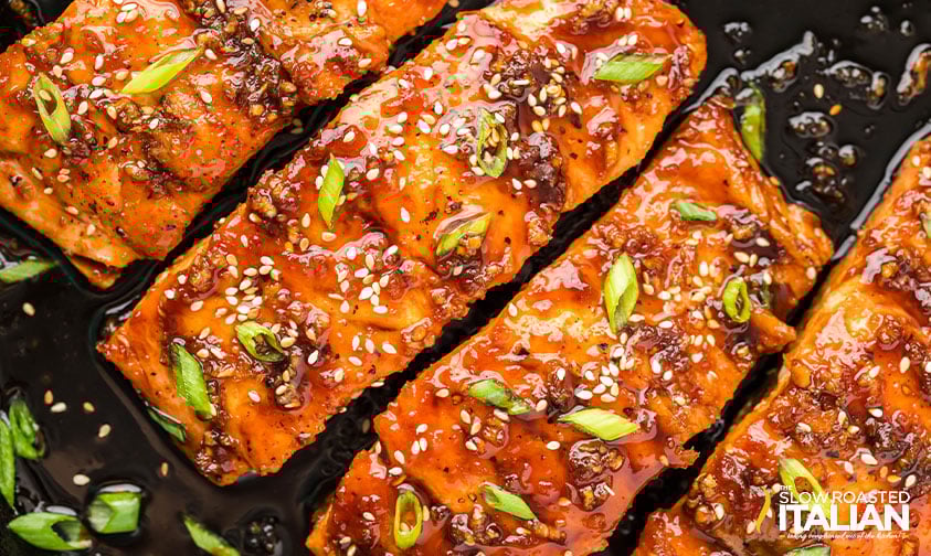 closeup of sticky salmon recipe covered in sauce