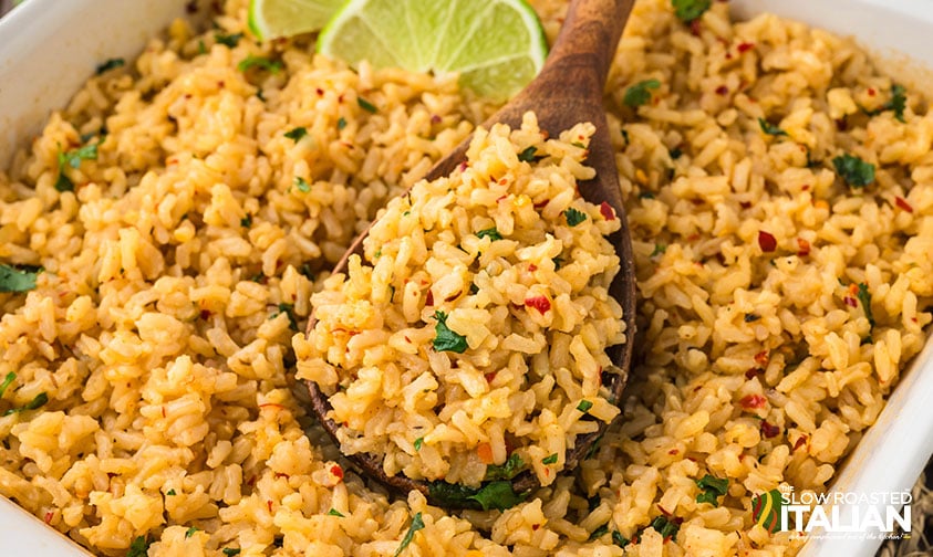 closeup of spicy rice on a wooden spoon