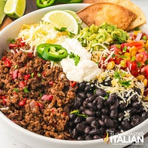 closeup of a loaded taco bowl