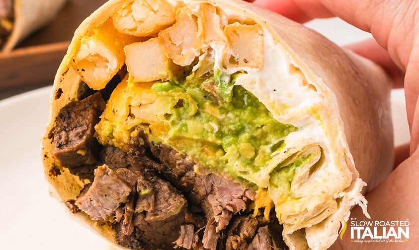 closeup of a sliced california burrito