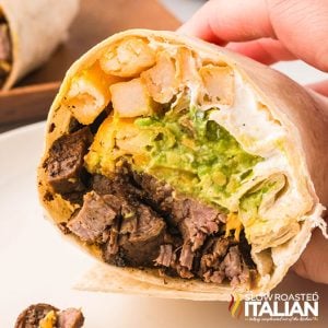 closeup of a slice california burrito