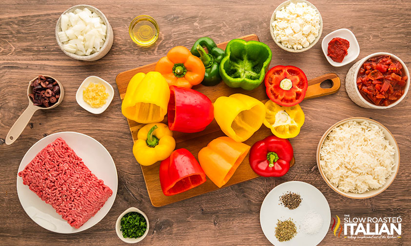 prepped ingredients for greek stuffed peppers