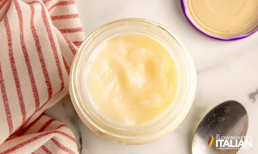 topview of a glass jar filled with beef tallow
