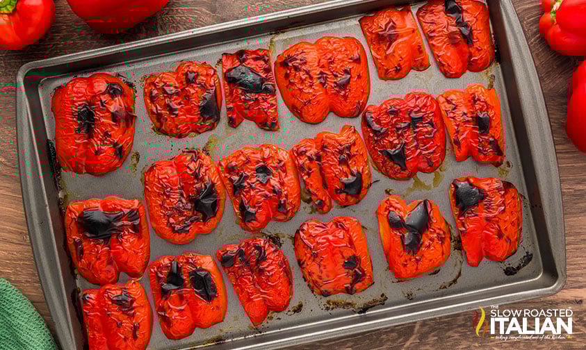 roasted red peppers on a baking sheet