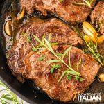 closeup of boneless steak recipe in a cast iron skillet